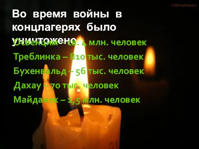 Во время войны в концлагерях было уничтожено Освенцим – св. 4 млн. человек