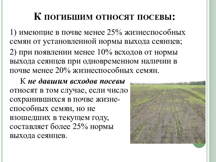 К погибшим относят посевы: 1) имеющие в почве менее 25%