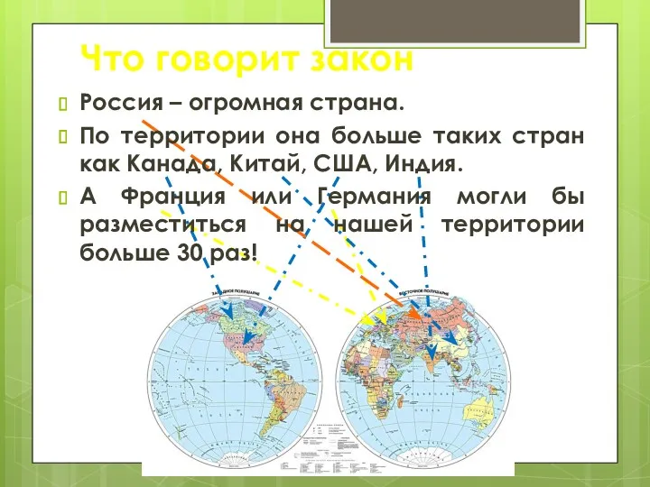 Что говорит закон Россия – огромная страна. По территории она