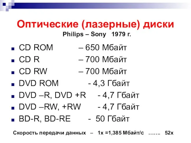 Оптические (лазерные) диски CD ROM – 650 Мбайт CD R – 700 Мбайт