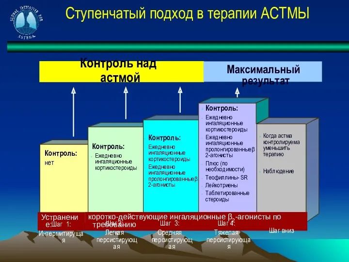 Ступенчатый подход в терапии АСТМЫ Устранение: коротко-действующие ингаляционные β2-агонисты по требованию Контроль: Ежедневно