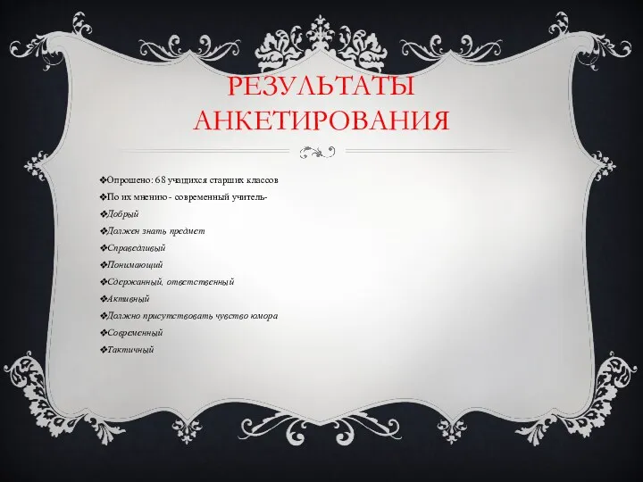 РЕЗУЛЬТАТЫ АНКЕТИРОВАНИЯ Опрошено: 68 учащихся старших классов По их мнению