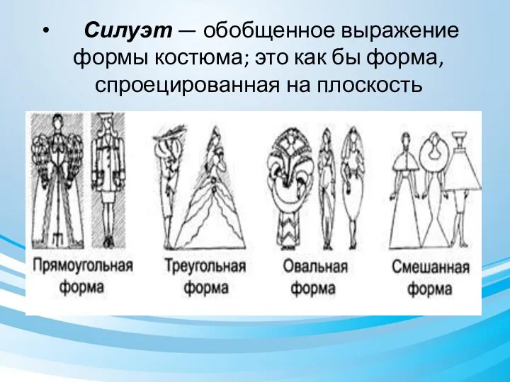 Силуэт — обобщенное выражение формы костюма; это как бы форма, спроецированная на плоскость