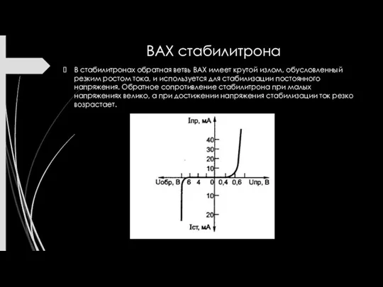 ВАХ стабилитрона В стабилитронах обратная ветвь ВАХ имеет крутой излом,