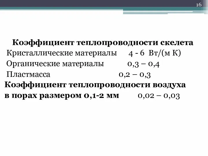 Коэффициент теплопроводности скелета Кристаллические материалы 4 - 6 Вт/(м К)