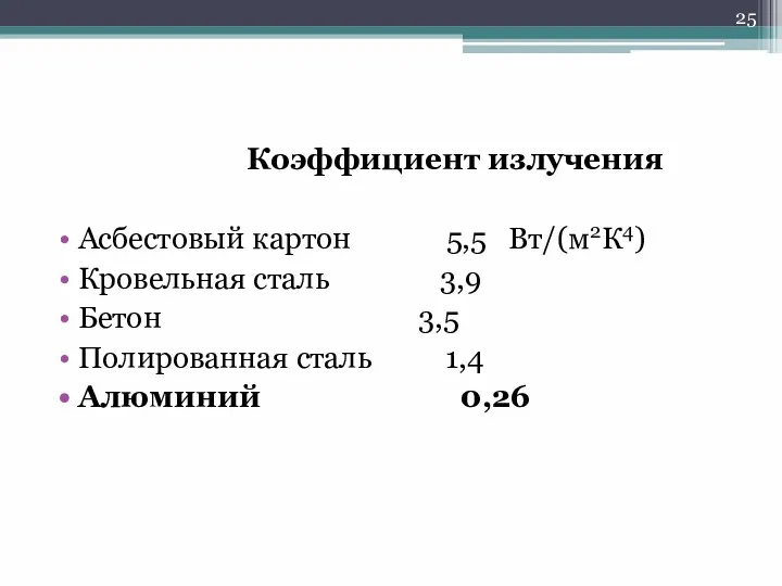 Коэффициент излучения Асбестовый картон 5,5 Вт/(м2К4) Кровельная сталь 3,9 Бетон 3,5 Полированная сталь 1,4 Алюминий 0,26