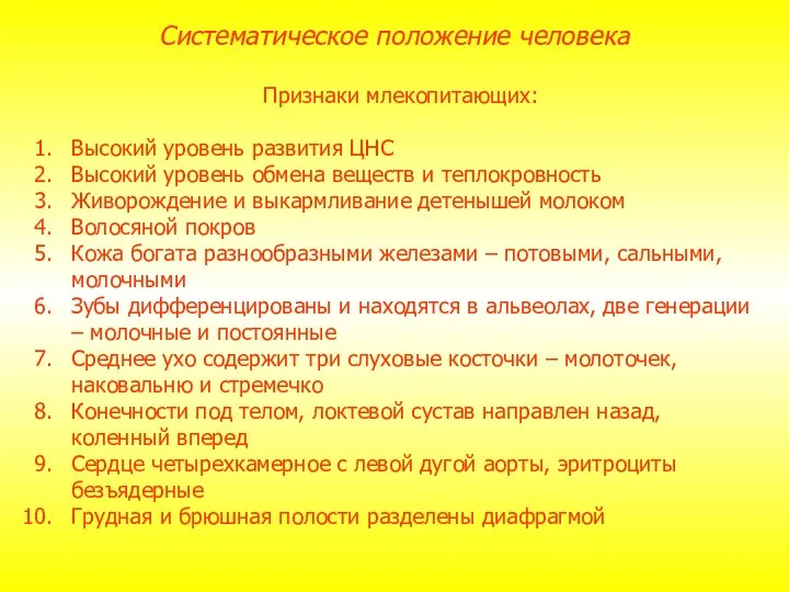 Признаки млекопитающих: Высокий уровень развития ЦНС Высокий уровень обмена веществ и теплокровность Живорождение