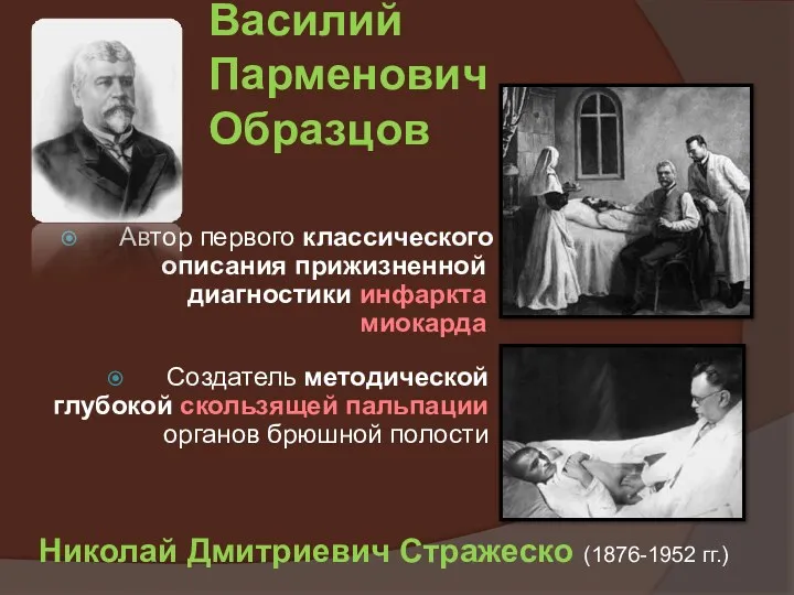 Василий Парменович Образцов Автор первого классического описания прижизненной диагностики инфаркта миокарда Создатель методической