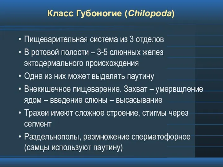 Класс Губоногие (Chilopoda) Пищеварительная система из 3 отделов В ротовой