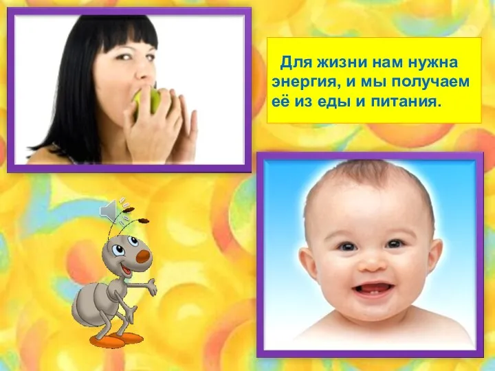 Для жизни нам нужна энергия, и мы получаем её из еды и питания.