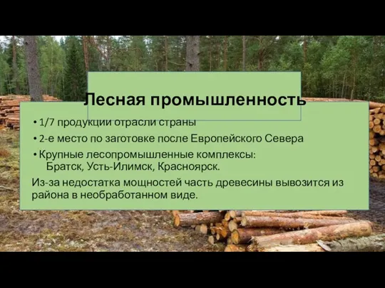 Лесная промышленность 1/7 продукции отрасли страны 2-е место по заготовке