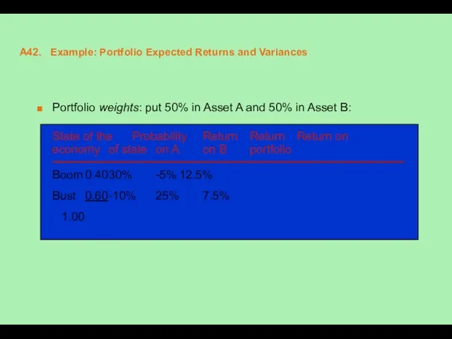 A42. Example: Portfolio Expected Returns and Variances Portfolio weights: put