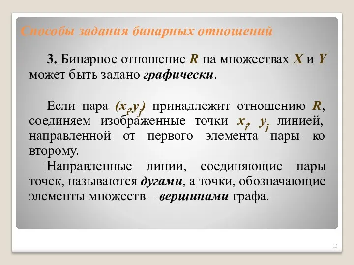 Способы задания бинарных отношений 3. Бинарное отношение R на множествах