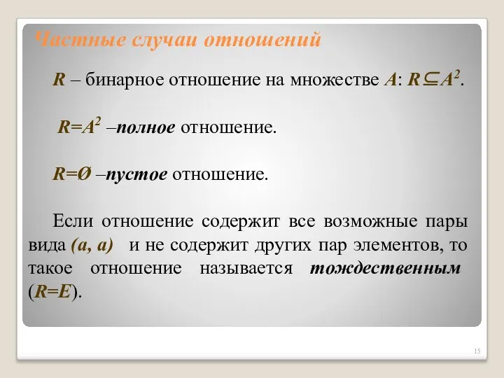 Частные случаи отношений R – бинарное отношение на множестве A: