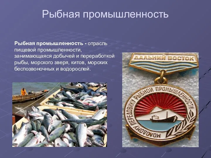 Рыбная промышленность Рыбная промышленность - отрасль пищевой промышленности, занимающаяся добычей