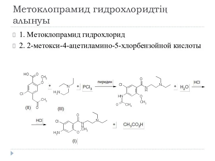 Метоклопрамид гидрохлоридтің алынуы 1. Метоклопрамид гидрохлорид 2. 2-метокси-4-ацетиламино-5-хлорбензойной кислоты