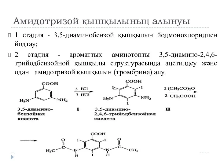 Амидотризой қышқылының алынуы 1 стадия - 3,5-диаминобензой қышқылын йодмонохлоридпен йодтау; 2 стадия -