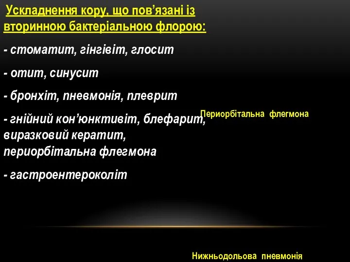 Периорбітальна флегмона Нижньодольова пневмонія Ускладнення кору, що пов’язані із вторинною