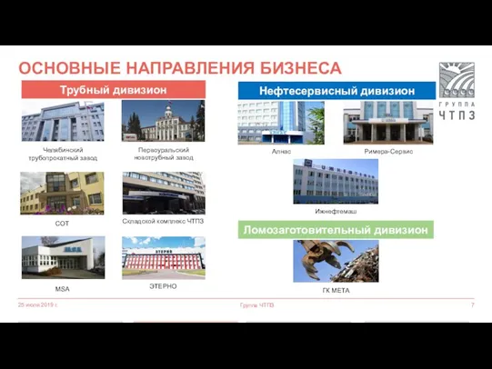 25 июля 2019 г. Группа ЧТПЗ ОСНОВНЫЕ НАПРАВЛЕНИЯ БИЗНЕСА Трубный