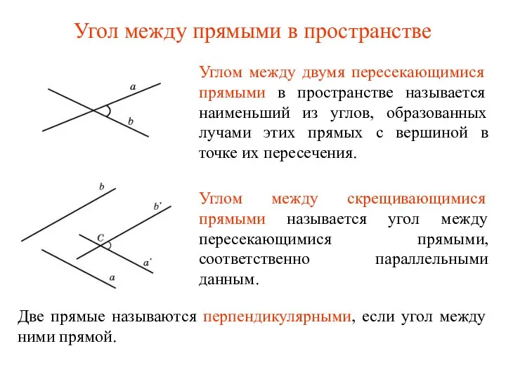 Угол между прямыми в пространстве Углом между двумя пересекающимися прямыми