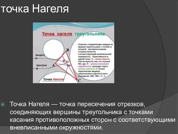 точка Нагеля Точка Нагеля — точка пересечения отрезков, соединяющих вершины