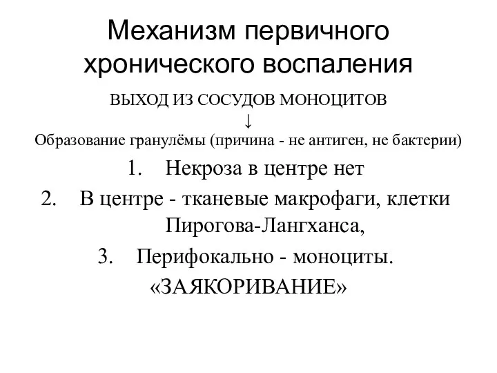 Механизм первичного хронического воспаления ВЫХОД ИЗ СОСУДОВ МОНОЦИТОВ ↓ Образование