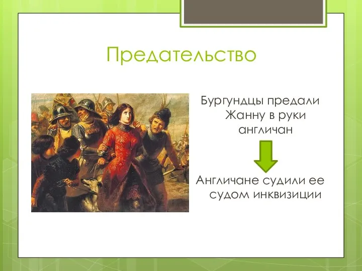 Предательство Бургундцы предали Жанну в руки англичан Англичане судили ее судом инквизиции