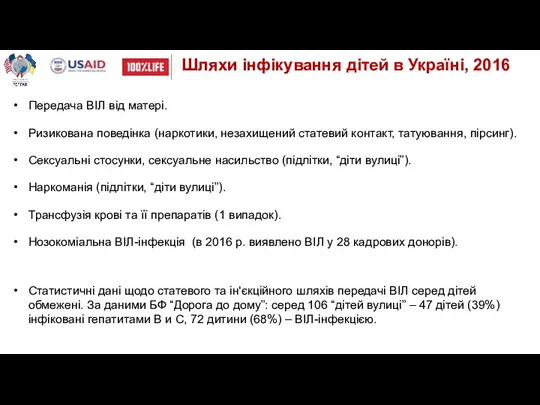 Шляхи інфікування дітей в Україні, 2016 Передача ВІЛ від матері.