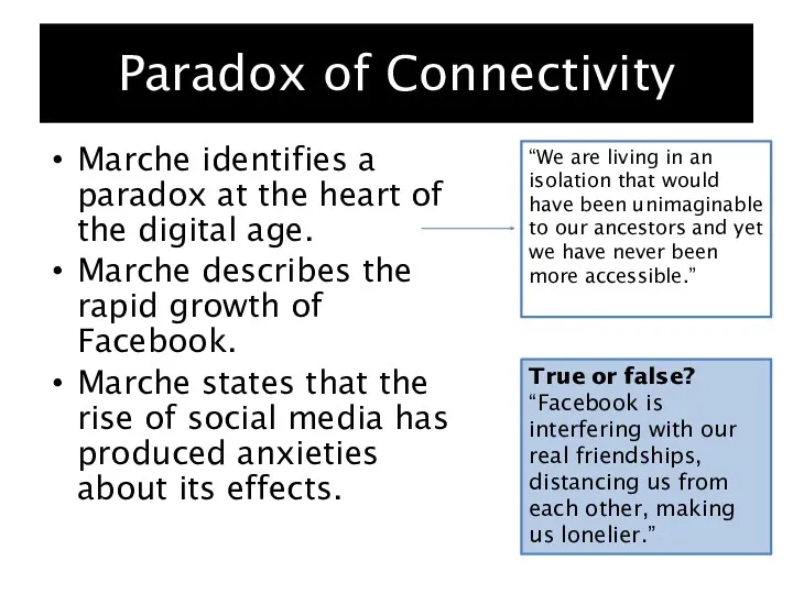 Paradox of Connectivity Marche identifies a paradox at the heart