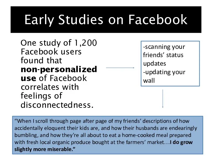 Early Studies on Facebook One study of 1,200 Facebook users