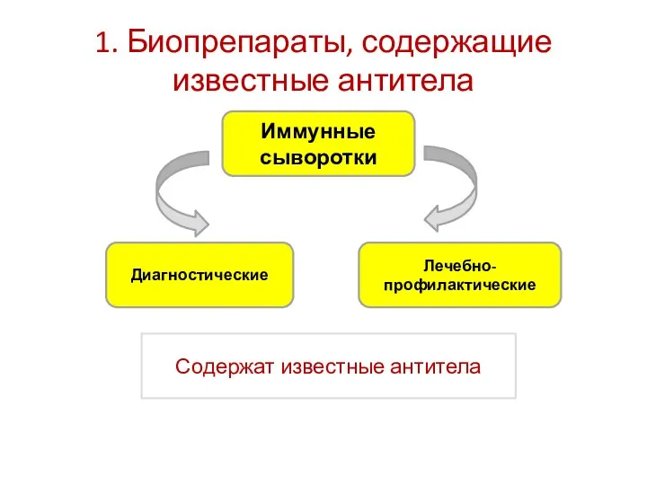 1. Биопрепараты, содержащие известные антитела Иммунные сыворотки Диагностические Лечебно-профилактические Содержат известные антитела