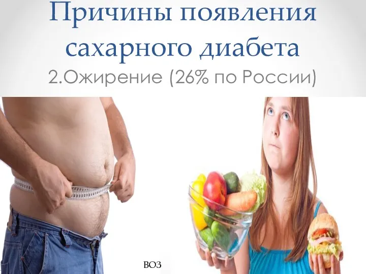 Причины появления сахарного диабета 2.Ожирение (26% по России) ВОЗ