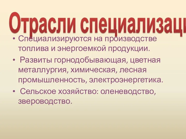 Отрасли специализации Специализируются на производстве топлива и энергоемкой продукции. Развиты