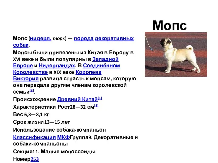 Мопс Мопс (нидерл. mops) — порода декоративных собак. Мопсы были привезены из Китая