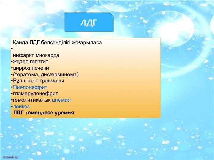 ЛДГ Қанда ЛДГ белсенділігі жоғарыласа инфаркт миокарда жедел гепатит цирроз