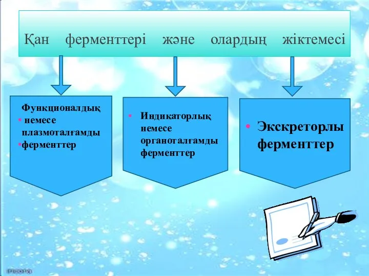 Қан ферменттері және олардың жіктемесі Функционалдық немесе плазмоталғамды ферменттер Индикаторлық немесе органоталғамды ферменттер Экскреторлы ферменттер