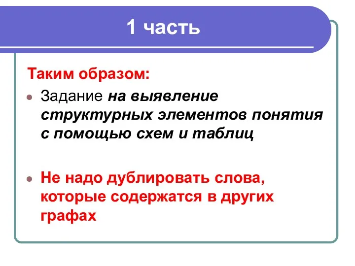 1 часть Таким образом: Задание на выявление структурных элементов понятия