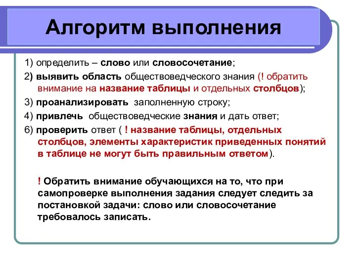 Алгоритм выполнения 1) определить – слово или словосочетание; 2) выявить