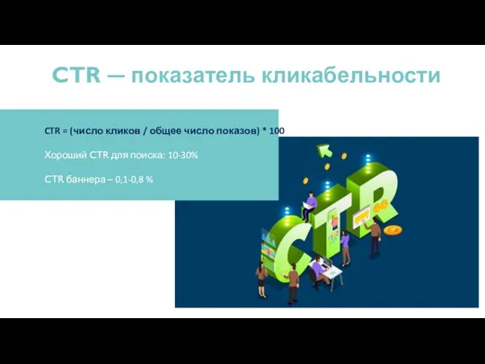 CTR — показатель кликабельности CTR = (число кликов / общее