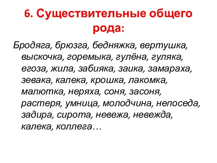 6. Существительные общего рода: Бродяга, брюзга, бедняжка, вертушка, выскочка, горемыка,