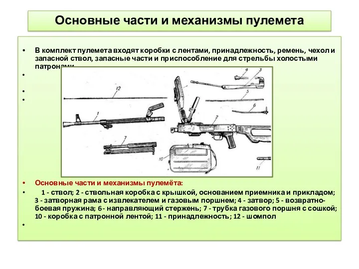 Основные части и механизмы пулемета В комплект пулемета входят коробки