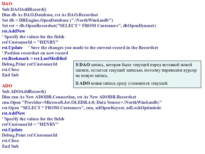 DAO Sub DAOAddRecord() Dim db As DAO.Database, rst As DAO.Recordset