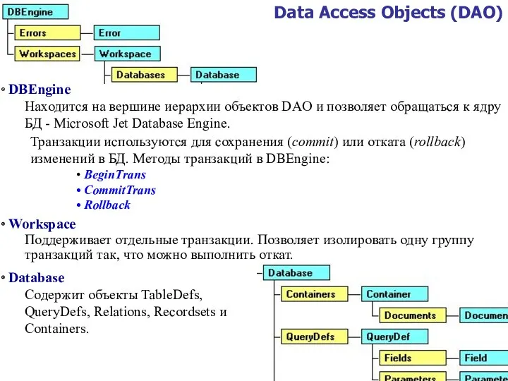 DBEngine Находится на вершине иерархии объектов DAO и позволяет обращаться