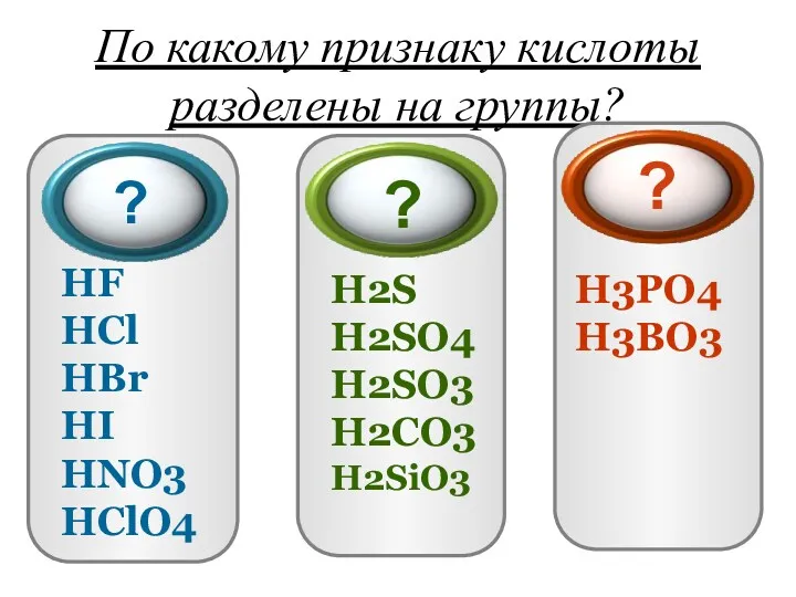 По какому признаку кислоты разделены на группы? HF HCl HBr