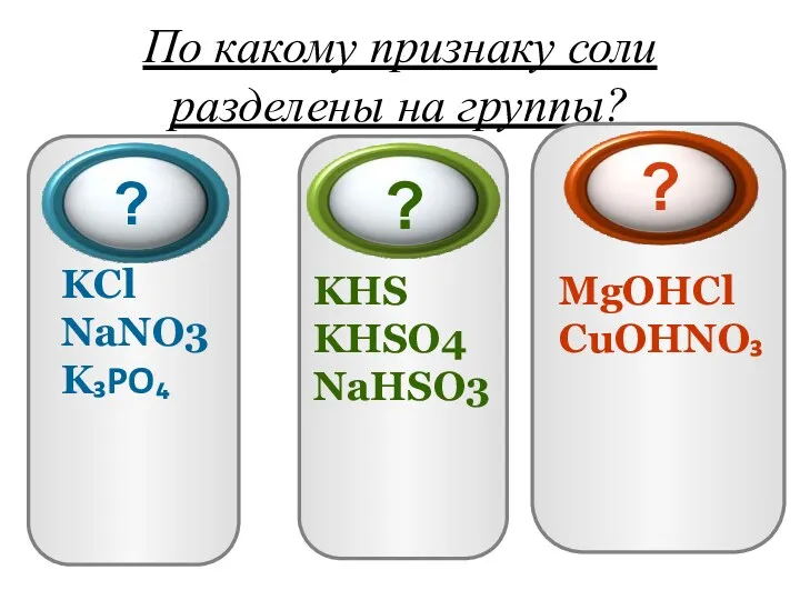 По какому признаку соли разделены на группы? KCl NaNO3 K₃PO₄