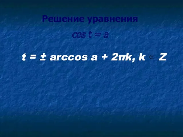 Решение уравнения cos t = a t = ± arccos a + 2πk, k Z