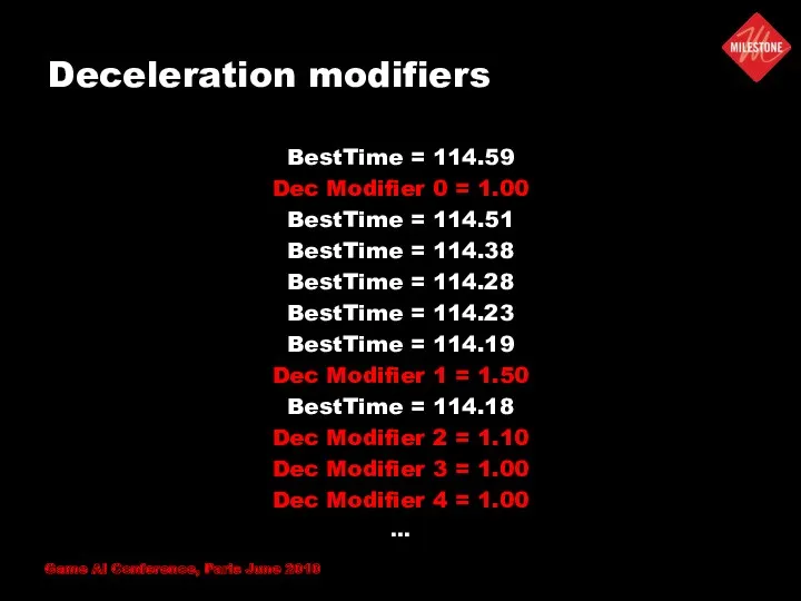 Deceleration modifiers BestTime = 114.59 Dec Modifier 0 = 1.00
