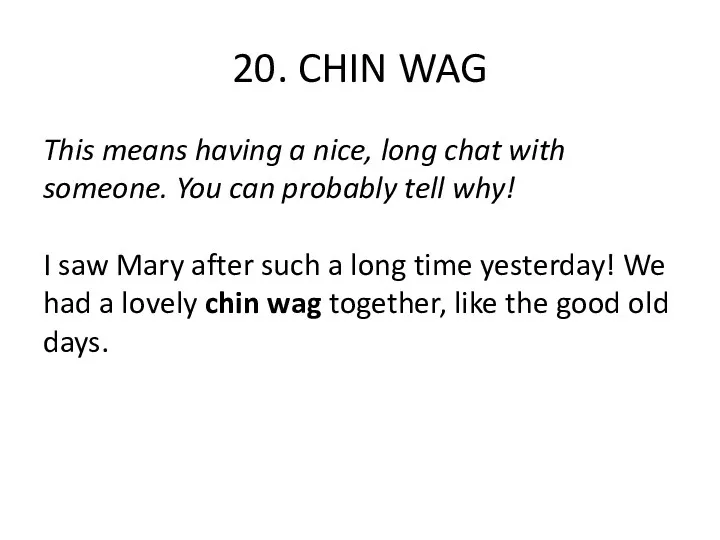 20. CHIN WAG This means having a nice, long chat