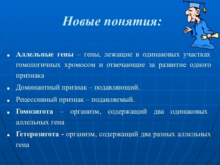 Новые понятия: Аллельные гены – гены, лежащие в одинаковых участках