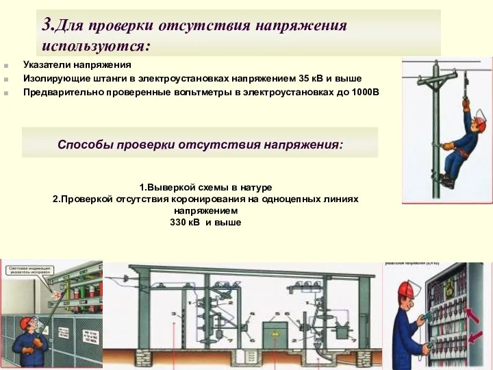 3.Для проверки отсутствия напряжения используются: Указатели напряжения Изолирующие штанги в